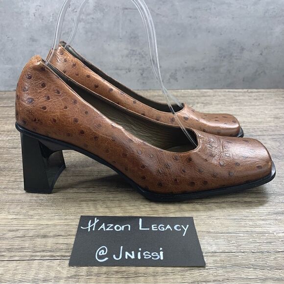 MILA PAOLI~Vtg 90s Italian Leather Square Toe Chunky Brown Heels~Size 7 - Picture 2 of 9